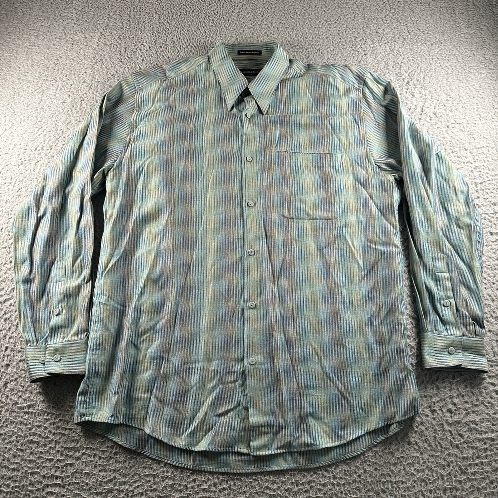 JHANE BARNES Shirt Mens L Striped Japanese Fabric‎ Button Up Teal Rayon Blend